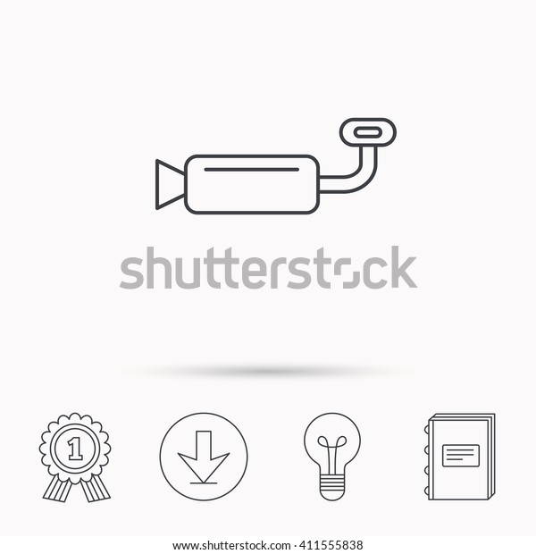 Muffer icon. Car fuel pipe or\
exhaust sign. Download arrow, lamp, learn book and award medal\
icons.