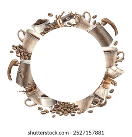 A mug of aromatic coffee, coffee maker, filter, beans and portafilter. Watercolor hand-drawn round wreath with space for text. Wreath for decorating coffee shops, bistros, menus, posters, packaging. - Powered by Shutterstock