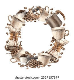 Mug of aromatic coffee, coffee maker, filter, beans and portafilter. Watercolor round wreath on isolated background hand drawn, for decorating coffee shops, bistros, menus, posters, packaging. - Powered by Shutterstock