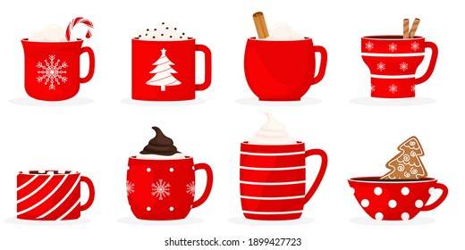 Mug Of Coffee Set For The Holiday Of Christmas. Set A Winter Holiday Christmas Cup With A Hot Drink.Cocoa With Marshmallows, Winter Warming Drinks And A Cup Of Hot Espresso