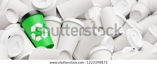 A mug with a green recycling\
logo stands out from a pile of waste coffee cups (3D\
Rendering)