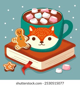 Mug of hot chocolate with fox with marshmallow and gingerbread on book. Festive Christmas sweets. Flat vector illustration - Powered by Shutterstock