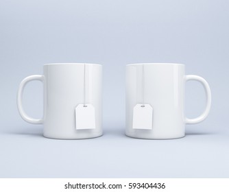 Mug With Tea Bag Label Mockup, Two White Mug 3d Rendering