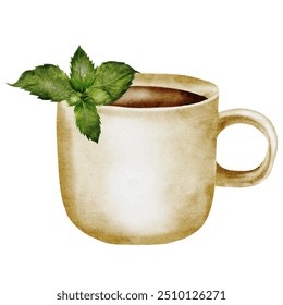 Mug with tea watercolor. Hand drawn beige cup with herbal mint tea and green leaves. Clip art isolated on white kitchenware background. Ideal for tea drink logo and coffee shop menu - Powered by Shutterstock