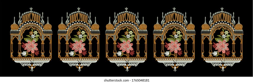 Mughal Arch And And Botanical Floral Border Design.