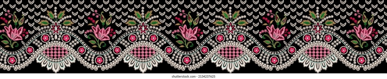 Mughal Art Embroidery Stitches Motif Border Traditional Embroidery Floral Pattern Artwork