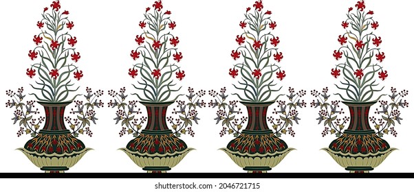Mughal art floral pot bouquet of wilted digital textile floral pot unique flowers dry roses in a vase for textile print
