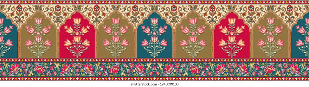 Mughal Border Colorful  With Booti Seamless For Textile Prints