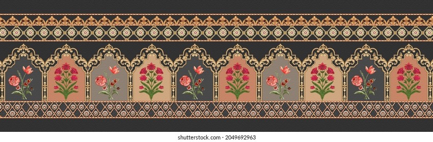 Mughal Border With Multicoloured Boxes And Supporting Borders For Textile Suits And Sarees