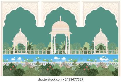 Mughal garden arch, plant, peacock illustration for wallpaper. Mughal Garden, Water lily , swan in a beautiful lake. - Powered by Shutterstock