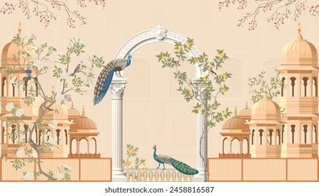 Mughal garden arch, plant, peacock illustration for wallpaper. Traditional garden wallpaper design illustration. - Powered by Shutterstock