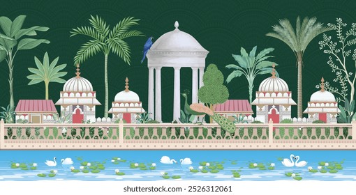 Mughal garden arch, plant, peacock illustration for wallpaper. Mughal Garden, Water lily , swan in a beautiful lake. - Powered by Shutterstock