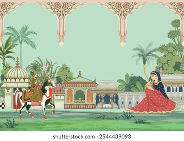 Mughal king riding hourse in a garden. Traditional Mughal wedding illustration for invitation. - Powered by Shutterstock