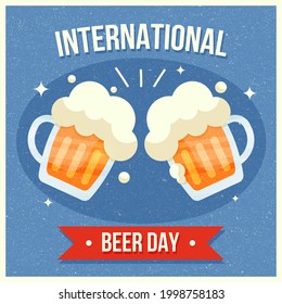 Mugs of beer with foam, clink glasses. International Beer Day. A postcard with a beer mug, an alcoholic drink and wheat. Design of a greeting card, icons, happy beer day. Modern illustration, logo for - Powered by Shutterstock