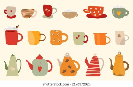 Mugs And Kettles In Different Design Paintings. Tea Time Cartoon Paintings Set With Cups