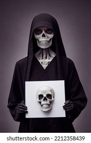 Mugshot Of Hooded Modern Realistic Female Grim Reaper Holding Up A White Piece Of Paper, Skeletal Bones Showing 3d