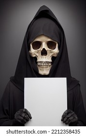 Mugshot Of Hooded Modern Realistic Grim Reaper Holding Up A White Piece Of Paper Up To His Chin   3d
