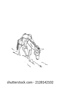 Mule is carrying load on his back, This type of cargo transport widely used in Himalayas sketch, Hand drawn linear illustration