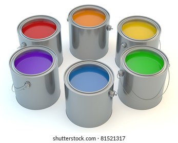 Multi Colour Paintcans On Isolated White Background