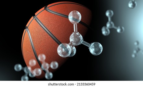 Multi Exposer Of Brown  Basketball And Clear Molecular Structure Under Black Background. Concept Image Of Sports Science, Sports Medicine And Sports Technology Transfer. 3D Illustration. 3D CG.