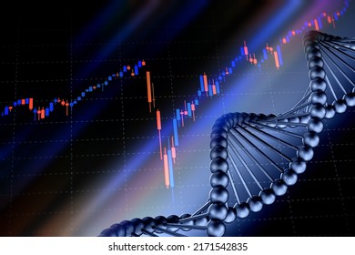 Multi Exposure Of Science Molecular DNA Ring Model Structure And Candle Stick Graph Chart Under Blue Background. Concept 3D CG Of Medical Business, Healthcare Strategy And Healthcare Financing.