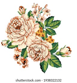 Multi Flowers  Motif Ornament  Seamless Pattern With Watercolor Flowers Pink Roses, Repeat Floral Texture, Vintage Background Hand Drawing. Perfectly For Wrapping Paper, Wallpaper Fabric Print