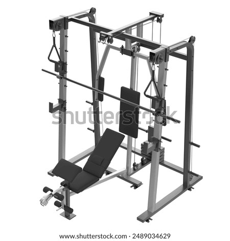 Multi Function gym machine isolated on White Background. Fitness, Cardio and Muscle Building Machines. Exercise and Gym Concept. 3d Render Illustration.