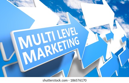 Multi Level Marketing 3d render concept with blue and white arrows flying in a blue sky with clouds