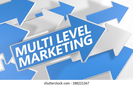 Multi Level Marketing 3d render concept with blue and white arrows flying over a white background.