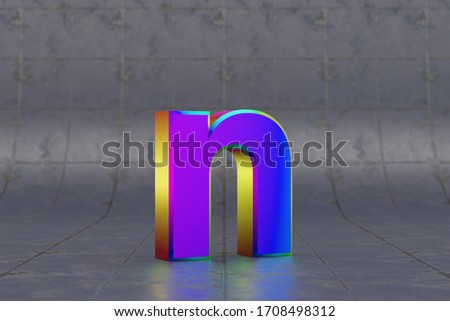 Multicolor 3d letter N lowercase. Glossy iridescent letter on tile background. Metallic alphabet with studio light reflections. 3d rendered font character.