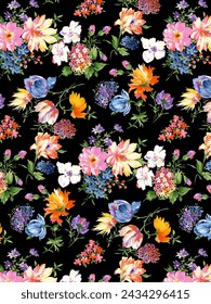 multicolor abstract embossed blooming bright hibiscus flower motif arrangement, all-over textile design with blue, pink, and yellow tone color illustration digital image printing factory