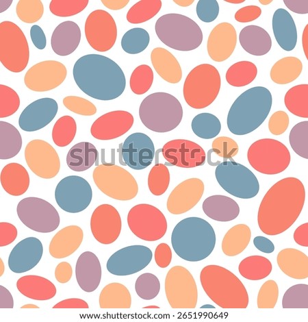 Multicolor abstract geometric seamless pattern Retro style Large and small colorful ovals, circles, polka dots, disks, rounded shapes on white background Muted pastel colors Fabric, wrapping paper 