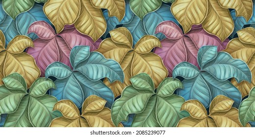 Multicolor background, texture. Green fresh leaves, jungle, hawaii. Tropical seamless pattern. Hand-drawn premium 3d illustration. Luxury wallpaper, mural, cloth, fabric printing, scrapbooking, poster