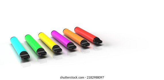 Multicolor Disposable Vape Products That Have Been Isolated On A White Background. 3D Render Illustration