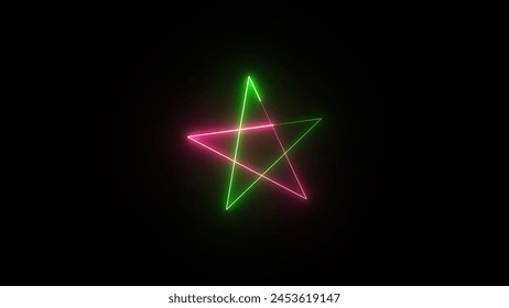 Multicolor neon line star shape on a black background. Neon light star frame rotation loading background.