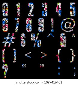 Multicolor Painted Shattered Broken Font Style Full Numbers Signs And Symbols Set 3D Illustration With A Colorful Paint Splash  In Red Blue And Green Isolated On A Black Background With Clipping Path