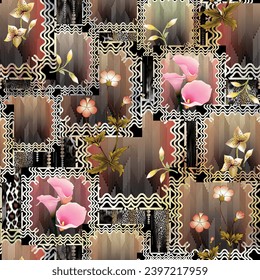 multicolor patchwork floral allover pattern with abstract background texture.