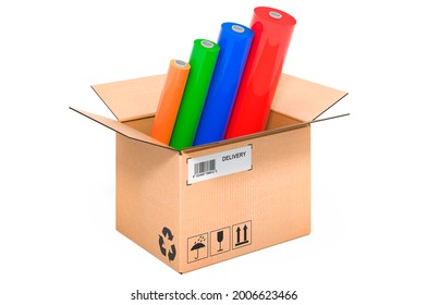 Multicolor PVC Polythene Plastic Tape Rolls inside cardboard box, delivery concept. 3D rendering isolated on white background
