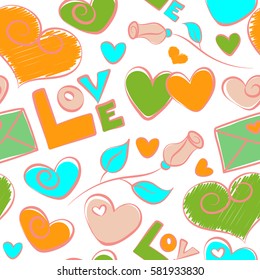 Multicolor seamless pattern on a white. Green, yellow and pink hearts, love letter, rose flower and love text seamless pattern on white background.
