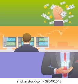 Multicolor stock exchange trading set of web banners. Equity market. World economy major trends. Modern flat design. Make money. Invest wisely. Everything is in Your Hands.