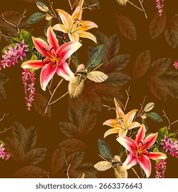 multicolor tone of vector abstract roses flower motif arrangement with medium color, all over vector design with dark green background illustration digital image