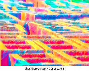 Multicolored Abstract Closeup Of Hollow Concrete Blocks On Top Of Adjacent Stacks On A Residential Construction Site In Florida. Digital Remix And Glow Effect, 3D Rendering.