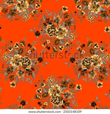 Multicolored Abstract Flowers with a Vector Seamless Pattern on orange Red Background