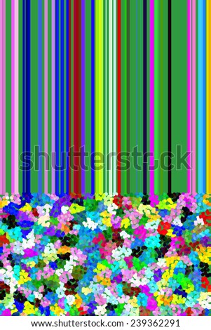 Multicolored abstract of parallel stripes of various colors like so many rays above a flowery pointillist field on green