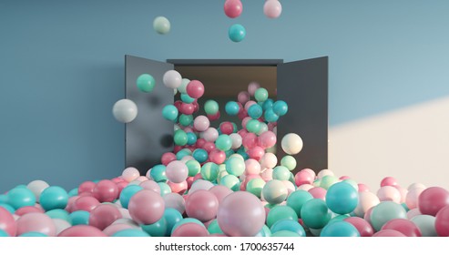 Multi-colored balls pouring out of the open doors into a large bright room. Abstract greeting background. 3D render.
