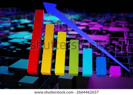 multicolored bar graph ascends, culminating in a large red bar. A diagonal blue arrow dramatically points upward, implying significant growth. The graph sits atop a dark, neon-lit digital background