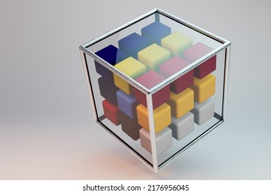 Multi-colored Cube In A Large Glass Cube On A Gray Background. 3d Illustration. 3d Render.