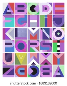 Multicolored decorative geometric font design. Abstract art graphic illustration featuring the letters of the alphabet from A to Z. 