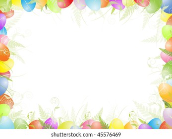 Multicolored easter frame with eggs, green foliage and copyspace for your text