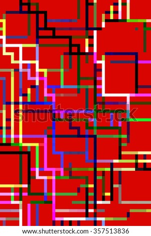 Multicolored flippable abstract of asymmetric network grid on bright red, for decoration and backgrounds with motifs of variation or interconnectedness